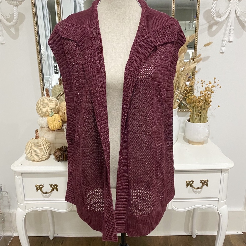Lafayette 148 NY Burgundy Open-Knit Cardigan Hemp Buttons Sz M Ribbed Knitwear